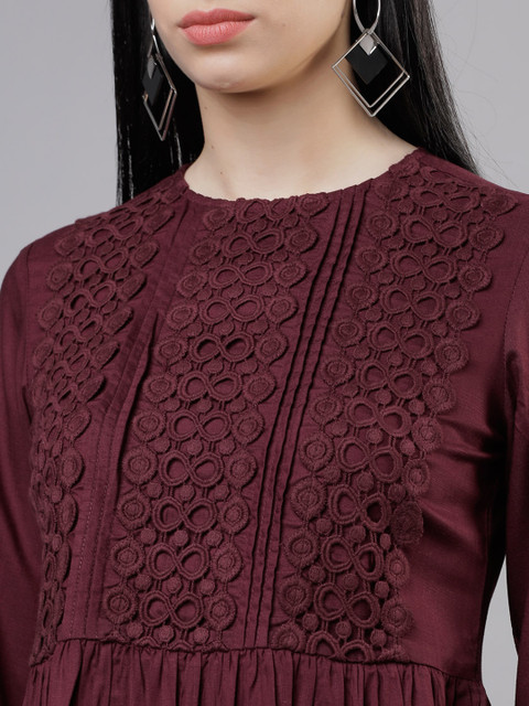 Tokyo Talkies Burgundy Lace Inserts Peplum Top - Image 2