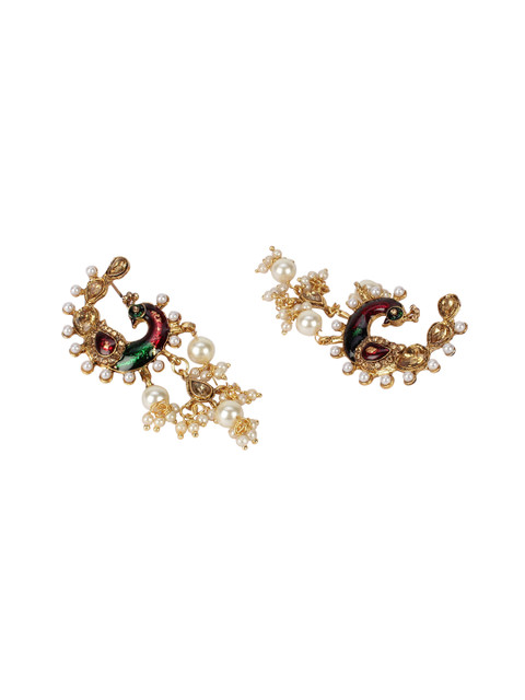 Shining Diva Gold-Plated & White Peacock Shaped Drop Earrings - Image 3