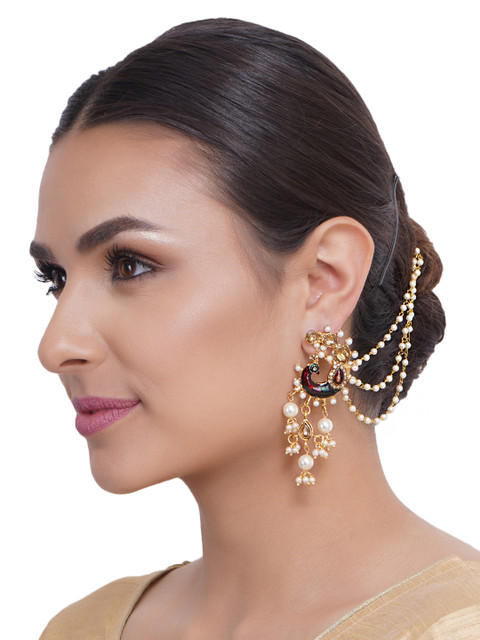 Shining Diva Gold-Plated & White Peacock Shaped Drop Earrings - Image 4
