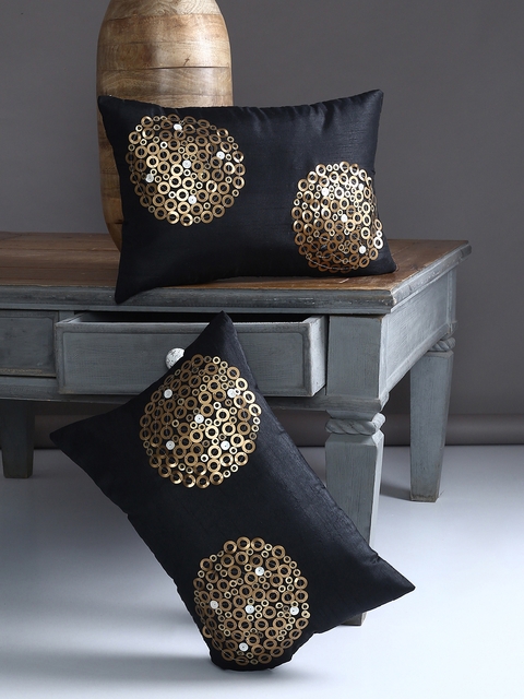 Alina decor Black & Gold-Toned Set of 2 Embellished Rectangle Cushion Covers