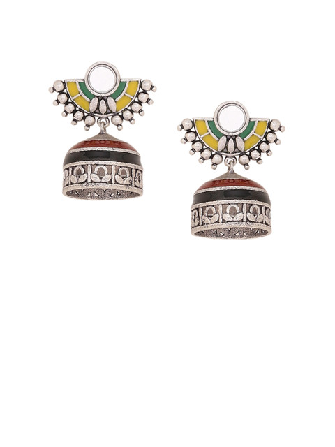 Voylla Silver-Plated & Yellow Enamelled Dome Shaped Jhumkas - Image 2