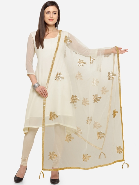 Satrani Women White & Beige Embroidered Dupatta