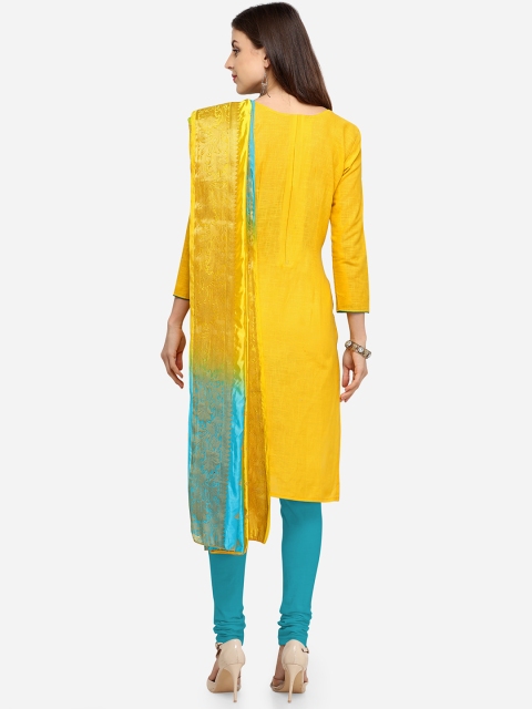 Blissta Yellow & Teal Blue Embroidered Cotton Blend Unstitched Dress Material - Image 5