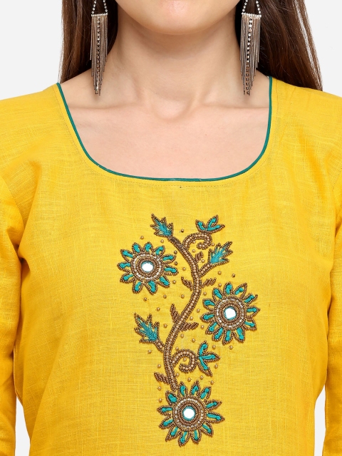 Blissta Yellow & Teal Blue Embroidered Cotton Blend Unstitched Dress Material - Image 2