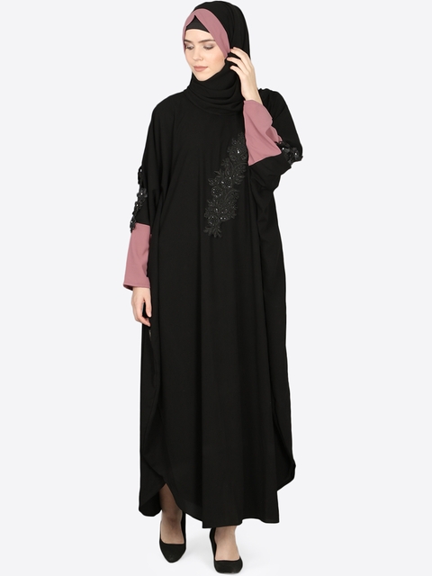 NAZNEEN Women Black & Mauve Solid Abaya With Hijab
