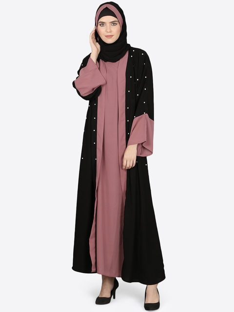 NAZNEEN Women Mauve & Black Colourblocked Abaya With Hijab