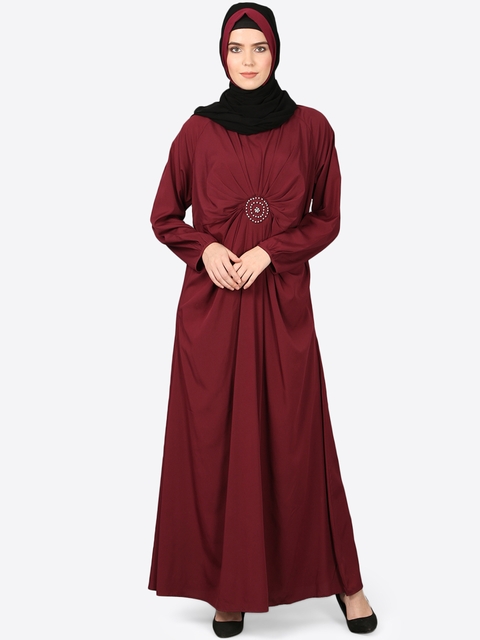 NAZNEEN Women Maroon Solid Abaya With Hijab