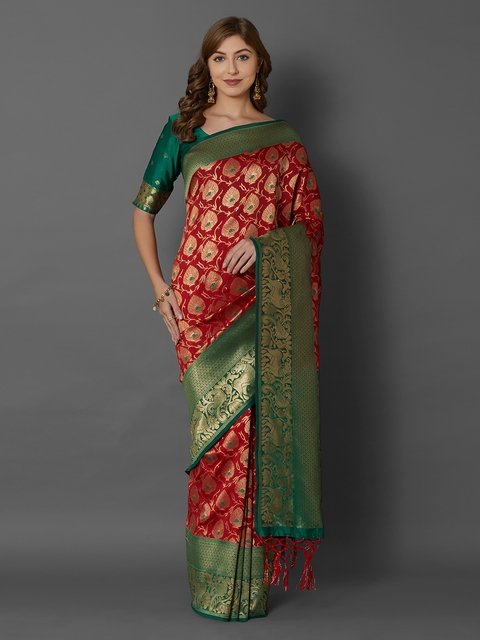 Mitera Red & Gold-Coloured Silk Blend Woven Design Banarasi Saree