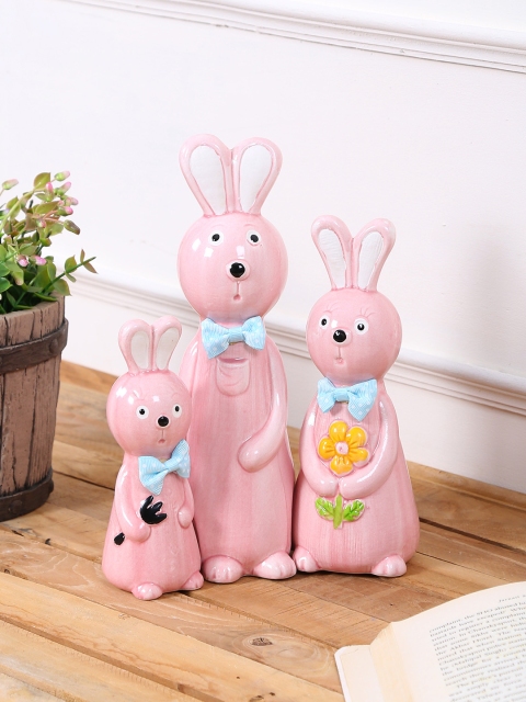 TAYHAA Set of 3 Pink Rabbit Family Ceramic Showpiece - Image 2