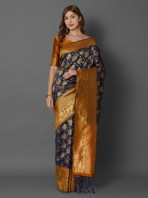 Mitera Navy Blue & Gold-Toned Silk Blend Woven Design Banarasi Saree