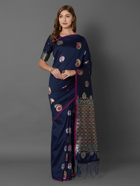 Mitera Navy Blue & Gold-Coloured Silk Blend Woven Design Banarasi Saree