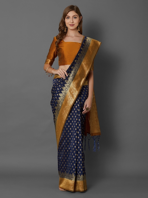 Mitera Navy Blue Silk Blend Woven Design Banarasi Saree