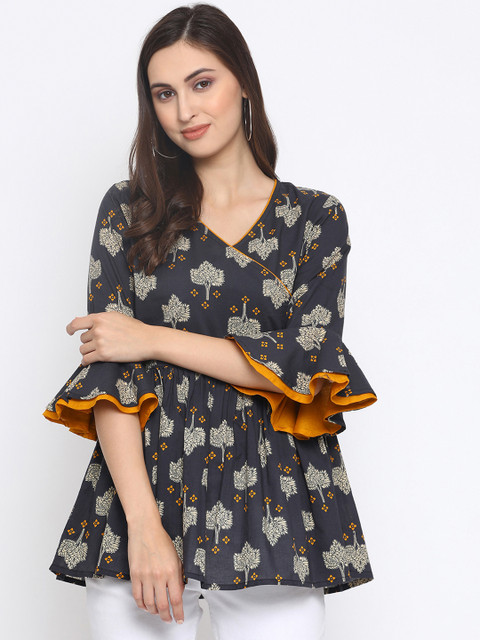 Azira Women Blue Printed Peplum Pure Cotton Top