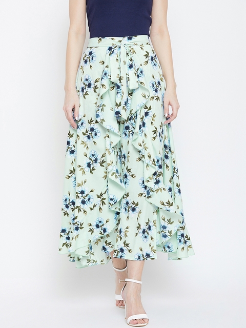 Berrylush Women Green & Blue Floral Printed Flared Maxi Skirt