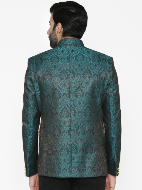 Wintage Men Blue Self-Design Tailored Fit Bandhgala Blazer - Image 4