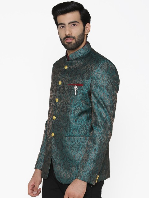 Wintage Men Blue Self-Design Tailored Fit Bandhgala Blazer - Image 3