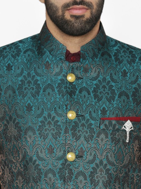 Wintage Men Blue Self-Design Tailored Fit Bandhgala Blazer - Image 2
