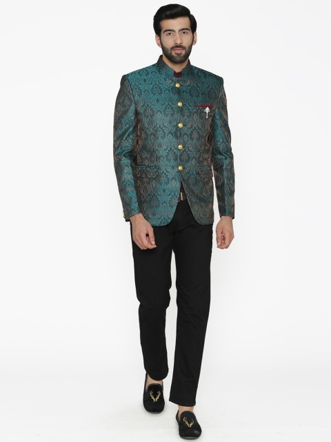 Wintage Men Blue Self-Design Tailored Fit Bandhgala Blazer - Image 5