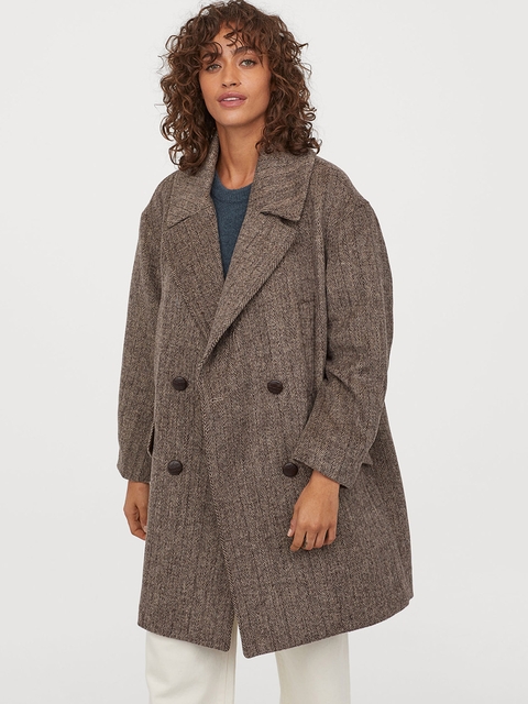 H&M Women Brown Solid Oversized Wool-Blend Coat