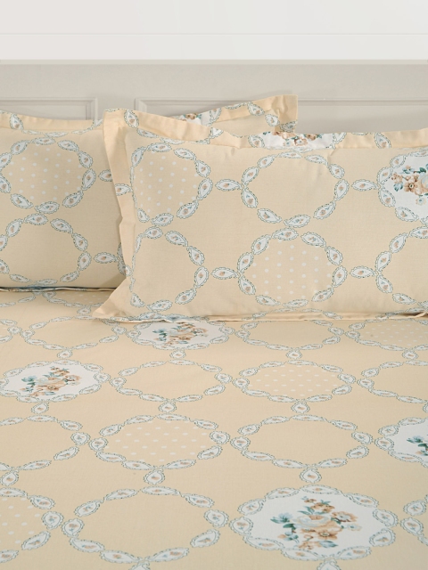 SWAYAM Beige Floral 144 TC Cotton 1 Queen Bedsheet with 2 Pillow Covers - Image 2