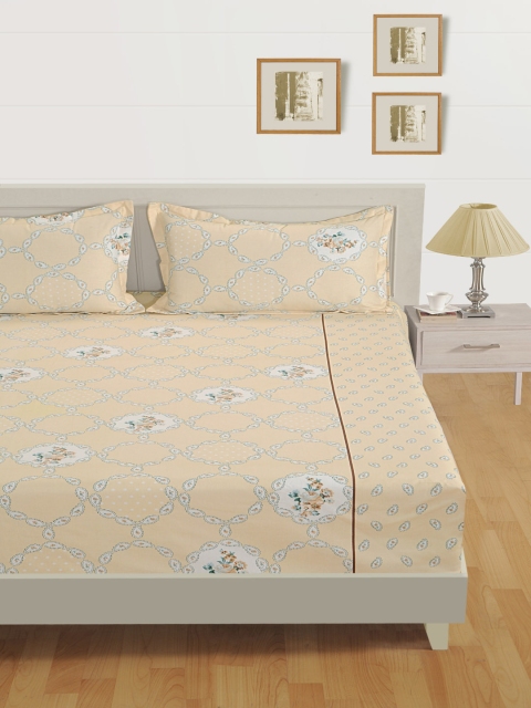 SWAYAM Beige Floral 144 TC Cotton 1 Queen Bedsheet with 2 Pillow Covers - Image 3