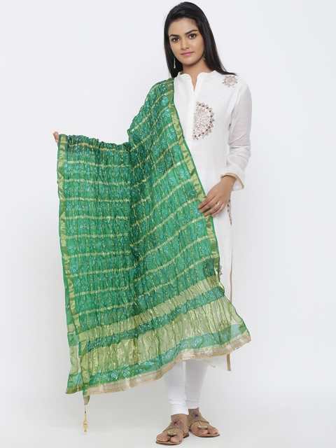 SOUNDARYA Green & White Bandhej Dyed Dupatta