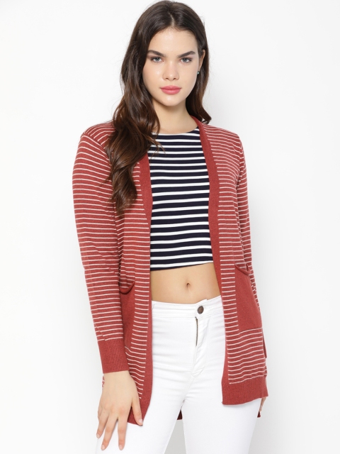 Gipsy Women Magenta & White Striped Woollen Open Front Shrug