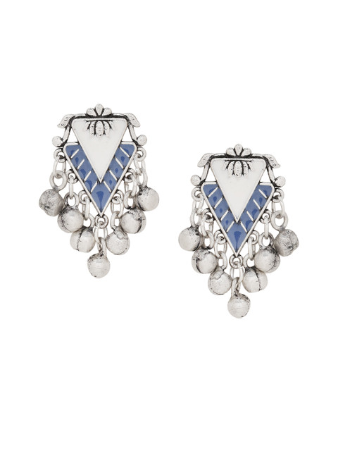 Voylla Silver-Plated & Blue Contemporary Oxidised Drop Earrings - Image 2