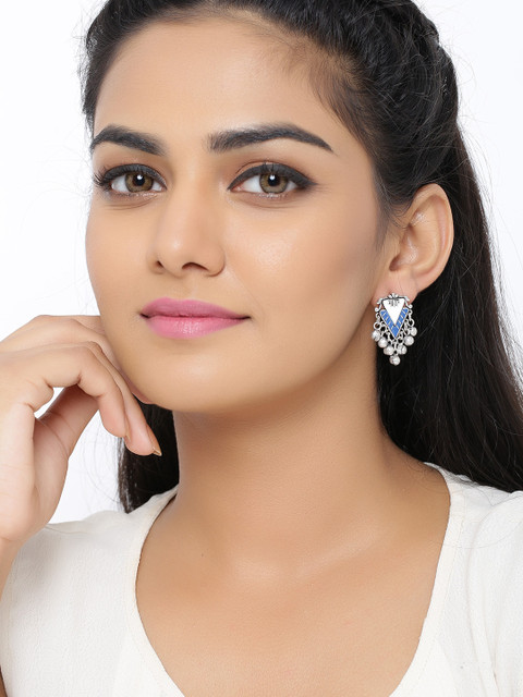 Voylla Silver-Plated & Blue Contemporary Oxidised Drop Earrings - Image 4