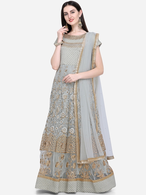 Stylee LIFESTYLE Grey Net Semi-Stitched Dress Material