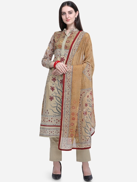 Stylee LIFESTYLE Beige & Red Cotton Blend Unstitched Dress Material