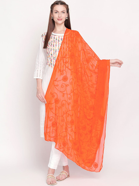 Dupatta Bazaar Orange Embroidered Chiffon Dupatta