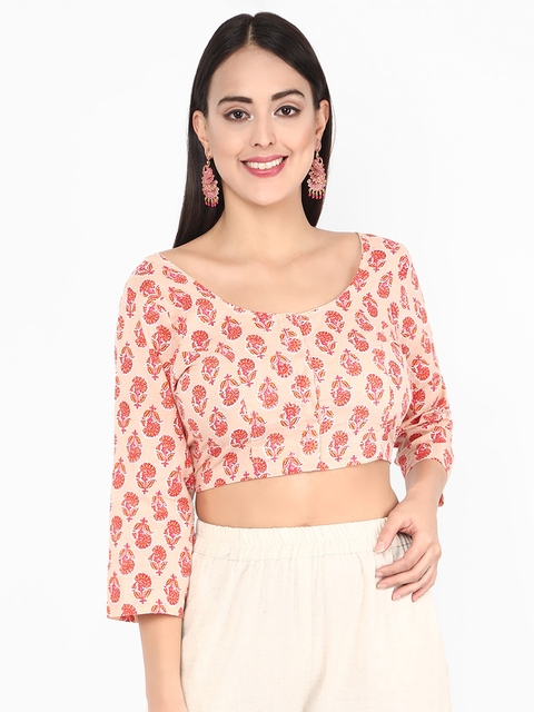 Molcha Women Pink Printed Front Open Non-Padded Sanganeri Blouse
