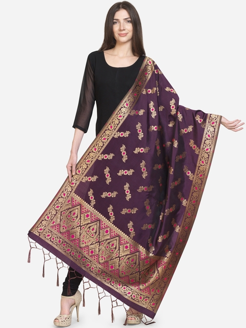Satrani Purple & Gold-Toned Woven Design Jacquard Banarasi Dupatta