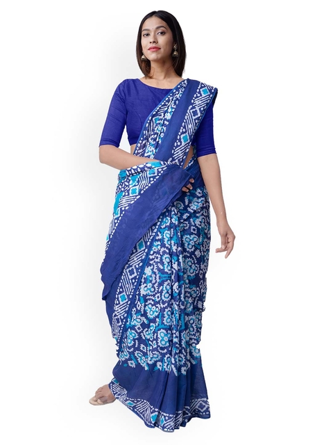 Unnati Silks Blue & Off-White Pure Cotton Printed Saree