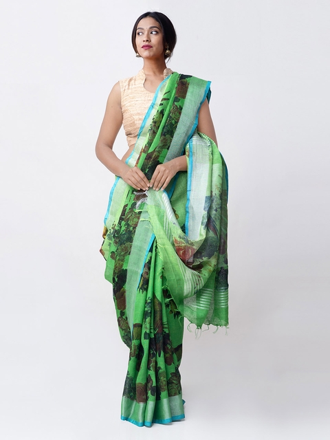 Unnati Silks Green Printed Pure Linen Saree