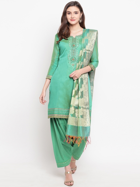 Kvsfab Green Solid Unstitched Dress Material With Embroidered Detail