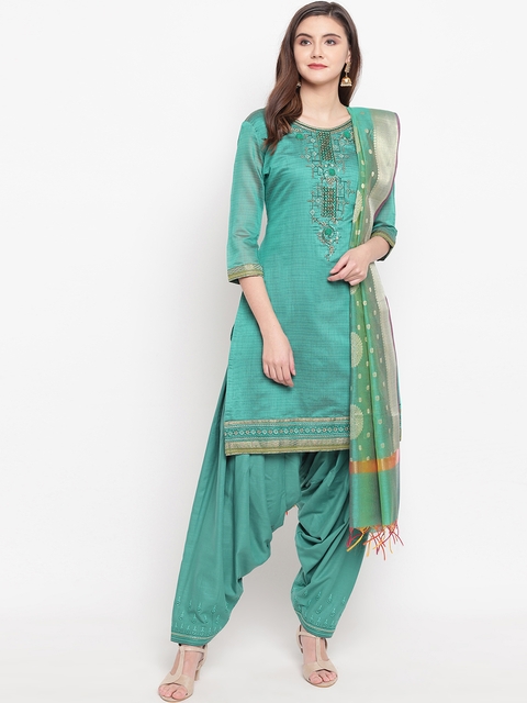 Kvsfab Green Solid Unstitched Dress Material With Embroidered Detail
