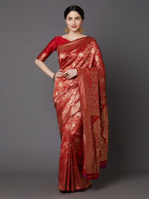Mitera Red & Gold-Toned Silk Blend Woven Design Banarasi Saree