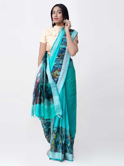 Unnati Silks Turquoise Blue & Green Pure Linen Printed Saree