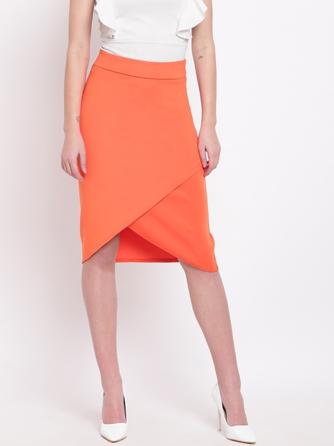 RIVI Women Orange Solid Wrap Knee-Length Skirt