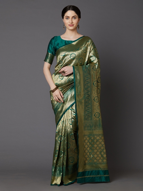 Mitera Green & Gold-Toned Silk Blend Woven Design Banarasi Saree