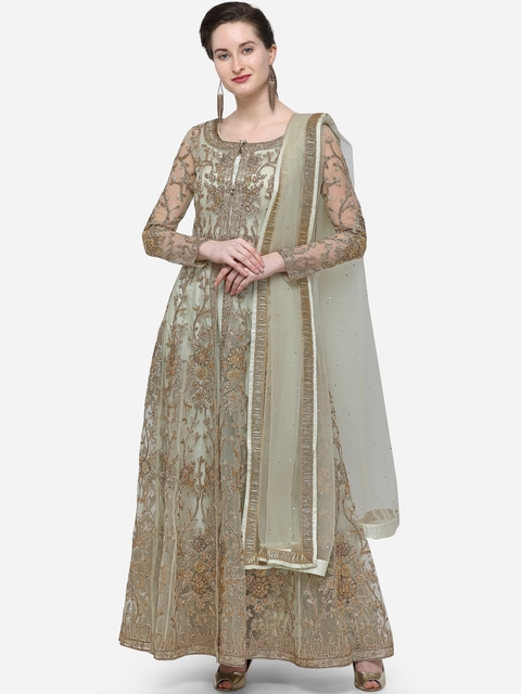 Stylee LIFESTYLE Green & Gold-Coloured Net Semi-Stitched Dress Material