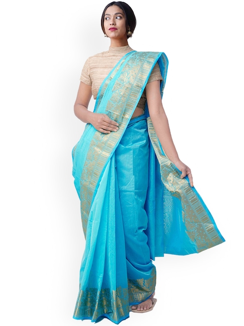 Unnati Silks Blue & Gold-Coloured Silk Cotton Solid Chettinad Saree