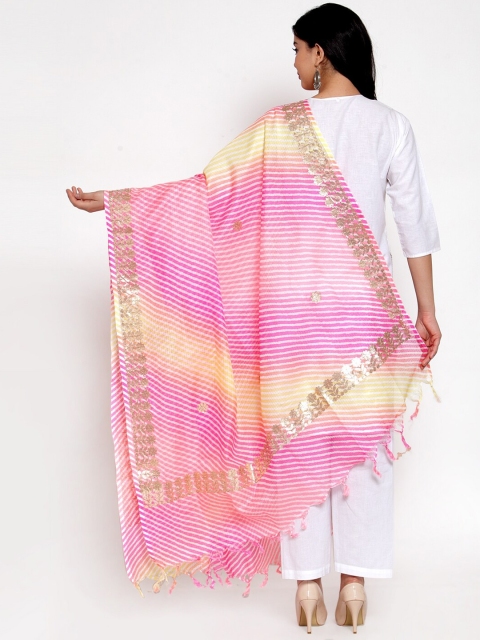 SOUNDARYA Yellow & Pink Striped Gota Patti Cotton Dupatta - Image 4