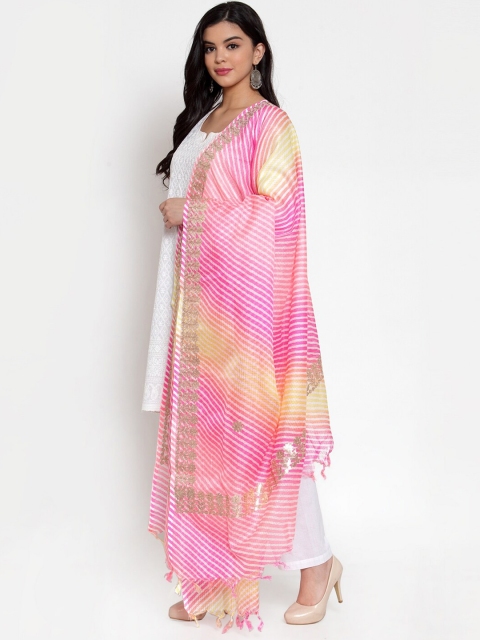 SOUNDARYA Yellow & Pink Striped Gota Patti Cotton Dupatta - Image 3