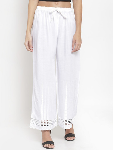 Clora Creation Women White Hem Design Straight Palazzos