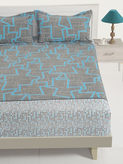 SWAYAM Blue & Grey Geometric 210 TC Cotton 1 King Bedsheet with 2 Pillow Covers - Image 2