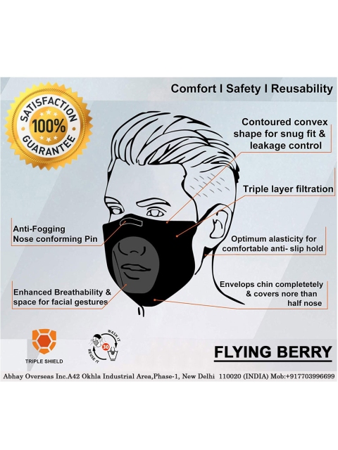 Flying Berry Adults Pack of 5 Black Reusable 3-Layers Cloth Mask - Image 6