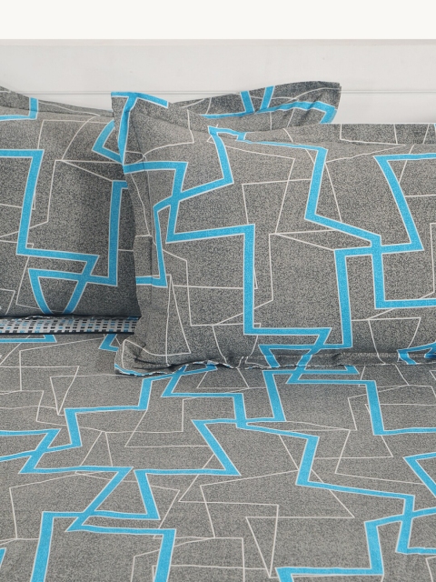 SWAYAM Blue & Grey Geometric 210 TC Cotton 1 King Bedsheet with 2 Pillow Covers - Image 3
